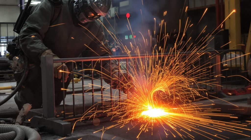 Operatore salda un modulo Ironwall in acciaio zincato durante la produzione industriale di barriere modulari per eventi e cantieri